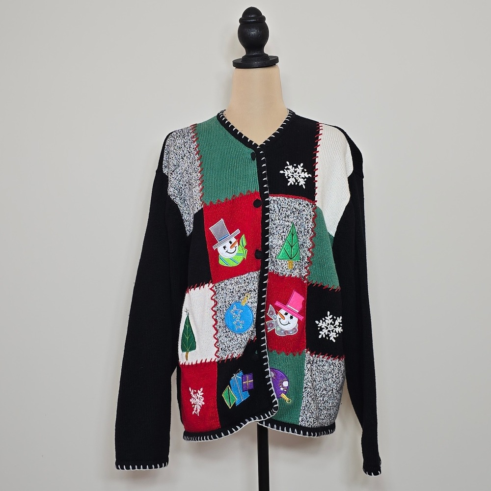 Vintage Crystal Kobe Ugly Christmas Cardigan XL Patchwork Snowman Sweater